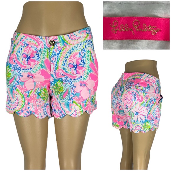 Lilly Pulitzer Buttercup Womens 4 Shorts Pink Blue Scallop Hem Floral EUC